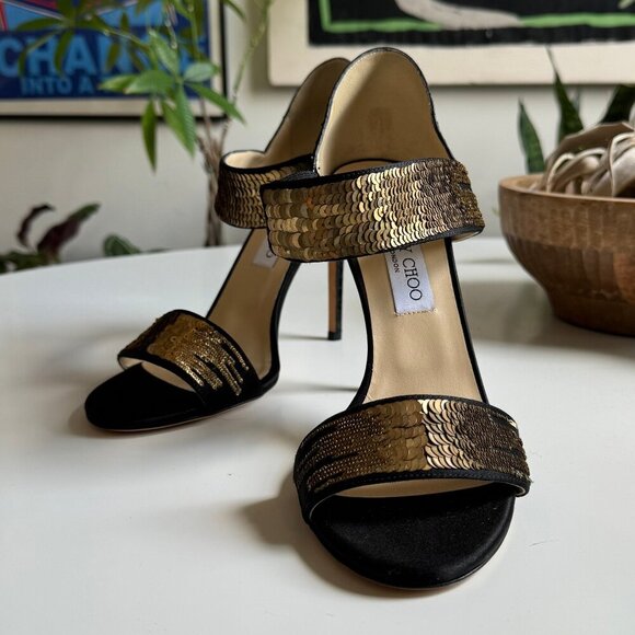 Jimmy Choo Shoes - Jimmy Choo Black Satin Tallow Gold Sequin Open Toe Heel Sandals 41